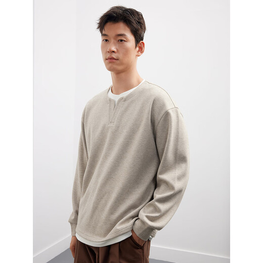 GXG men's fake two-piece sweatshirt 25 autumn new round neck T-shirt Henry shirt top oatmeal color 170/M