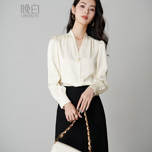 Late white new product 2025 autumn style light and mature V-neck shirt casual age-reducing fashion commuting shirt for women beige L