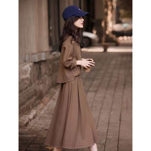 The paradise of awakening, age-reducing temperament two-piece set, autumn and winter fashion fake two-piece shirt, high-waisted A-line mid-length skirt women's suit, Khaki S