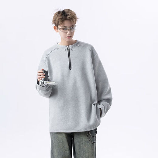 American black rivet half-zip right shoulder sweatshirt men's henley collar long-sleeved T-shirt heavy base layer gray 2XL