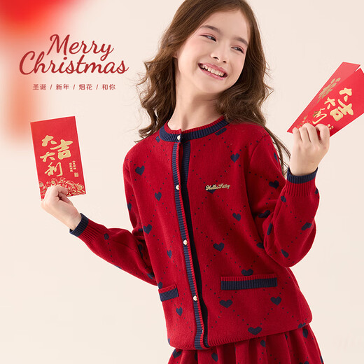 Hello Kitty girls suit children's skirt red New Year's greetings sweater autumn and winter thick big children's New Year's wear 18028 red 150