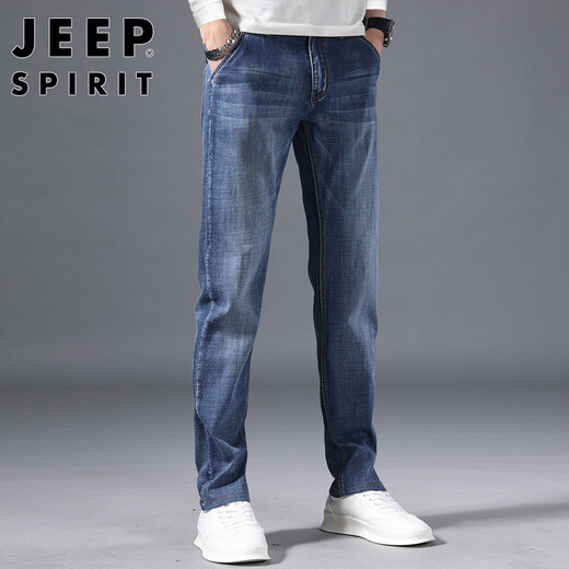 JEEP SPIRIT Jeep jeans men's loose autumn and winter men's straight pants micro-elastic casual pants matte white blue 33