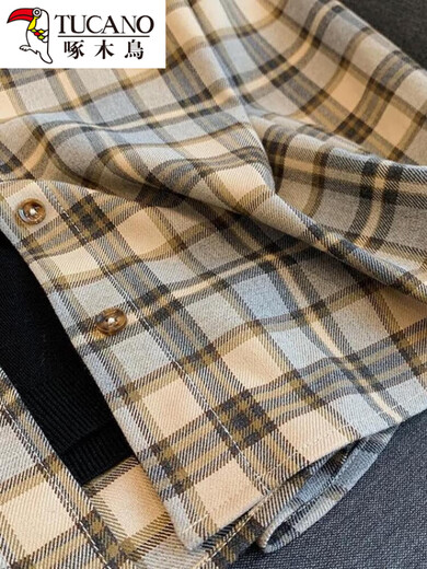 Woodpecker (TUCANO) brushed plaid shirt women's design niche autumn and winter loose retro Hong Kong style inner top long-sleeved shirt gray plaid warm color button one size XOX