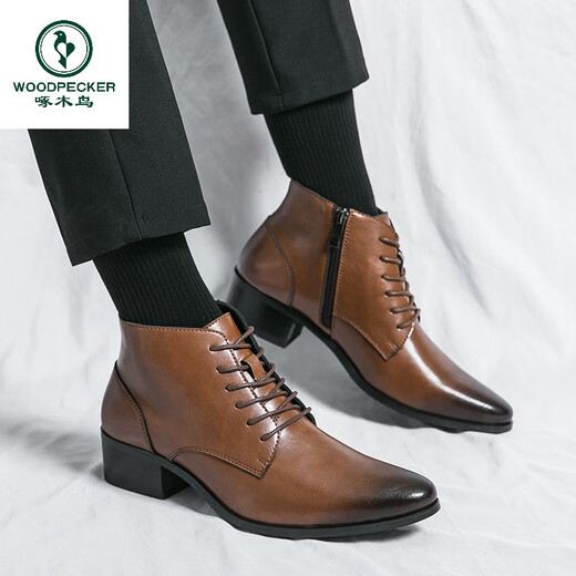 啄木鸟真皮马丁靴男韩版英伦商务内增高中帮高跟尖头发型师皮鞋高帮皮靴 2232棕色 42 标准皮鞋码