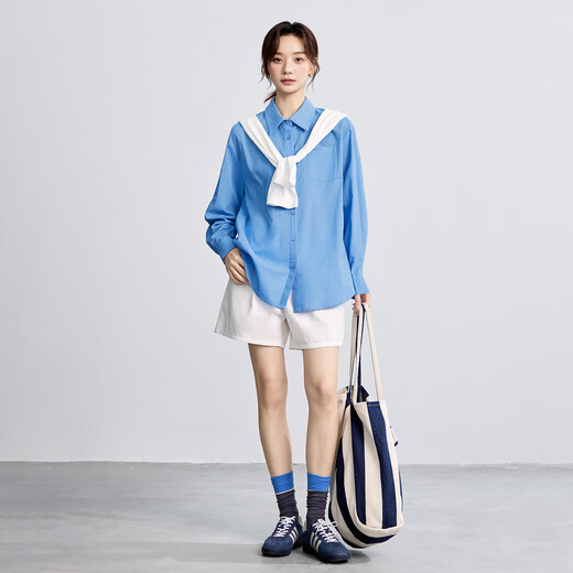 INMAN Ramie Cotton French Commuting Blue Shirt Women's 2025 Autumn Fashionable Loose Slim Long Sleeve Shirt Sky Blue M