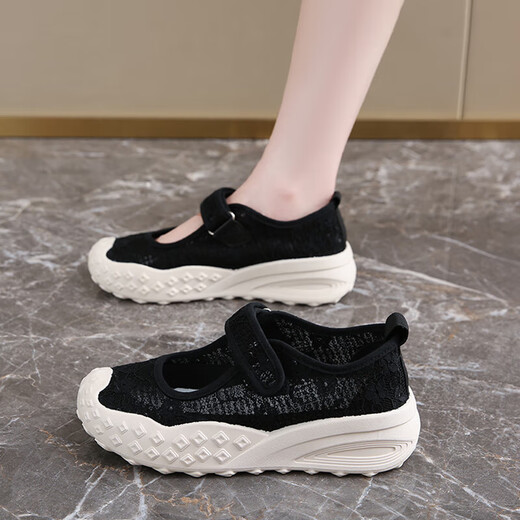 玛丽珍单鞋女蕾丝镂空网面透气厚底慢步鞋防滑耐磨休闲时尚妈妈鞋 YGNX-672米色 37