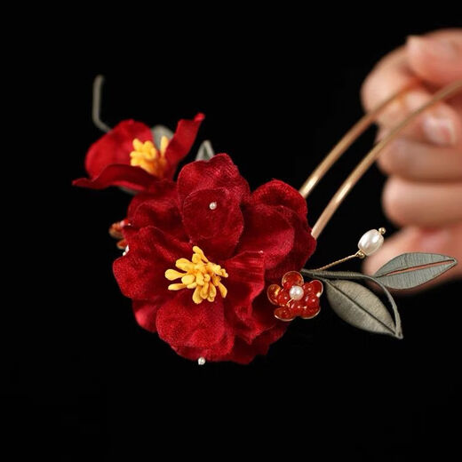 Meng Junchen beauty makeup autumn and winter red camellia new Chinese style U-shaped hairpin bride Xiuhe headdress cheongsam ancient style accessories toast clothing red 1 hair comb