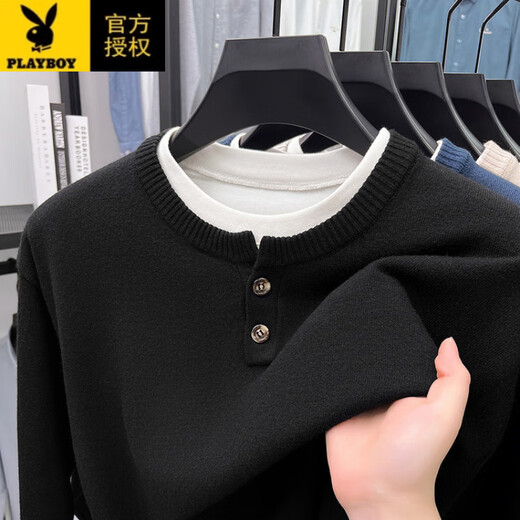 Playboy (PLAYBOY) Heavy Duty Fake Two-Piece Sweater Men's Fall 2025 American Retro Sweater Thickened Warm Henley Collar Sweater Jacket Gray L (170)