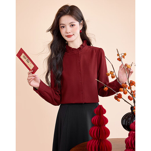 Lost Time Wooden Ears Small Stand Collar 25 Winter Design Style Niche Age-Reducing Petite Women's Shirt 11 Red S