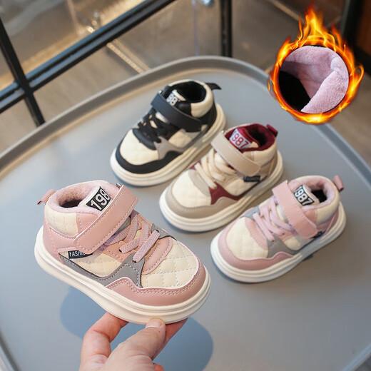 Ginoble winter children's soft-soled two-padded shoes for girls, plus velvet toddler shoes, boys 1 to 5 years old, autumn and winter sports shoes, khaki plus velvet, cut label and remove from the cabinet, 13.5 cm, inner length, size 22