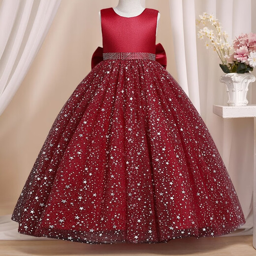 Calfit Children's Dress Skirt Flower Girl Catwalk Wedding Tutu Skirt Girls Princess Dress Piano Performance Clothes Red 160