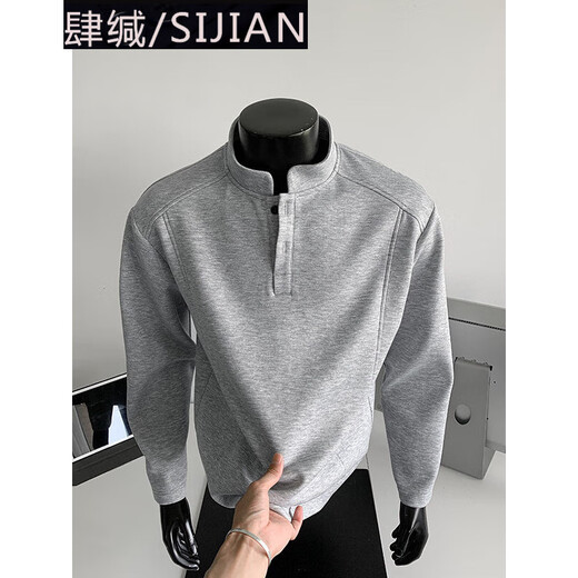 Four-tone gray Henry collar deconstructed shoulder POLO sweatshirt for men in autumn and winter boxy short wide long-sleeved T-shirt with base layer white and gray upgraded version M
