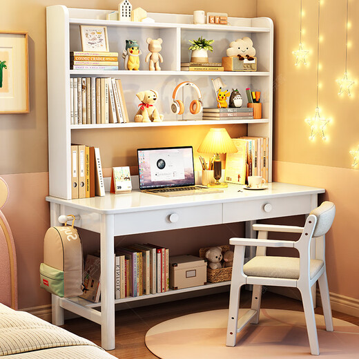 Huixun solid wood desk and bookshelf integrated children's study table home simple office computer desk bedroom student writing table walnut color #desk + bookshelf 80cm*60cm*75cm total height 190cm