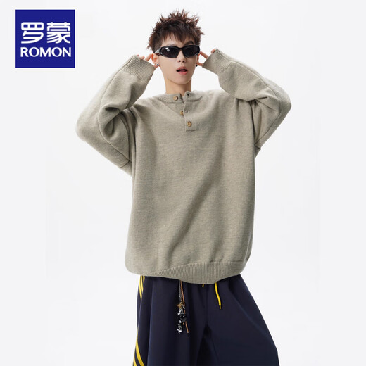 Romon Retro Henley Collar Buttoned Sweater Men's Autumn High Street Lazy Style Sweater Heavy Loose Couple Casual Top Yellow Gray 2XL