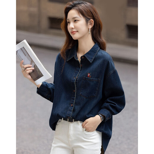 Demana warm brushed cloud-like cotton winter lapel denim shirt fawn embroidered pocket loose shirt women's top