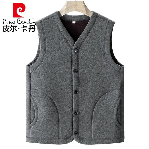 Pierre Cardin thickened velvet V-neck vest winter middle-aged and elderly grandfather vest vest dad polar fleece sleeveless jacket dark gray L