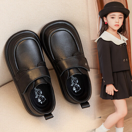 Shepherd Niu (MUTONGNIU) children's leather shoes, genuine black, campus performance student shoes, soft sole, wide head, girls and boys, plus velvet, warm children's shoes, black plus velvet, 24, inner length 15.3CM
