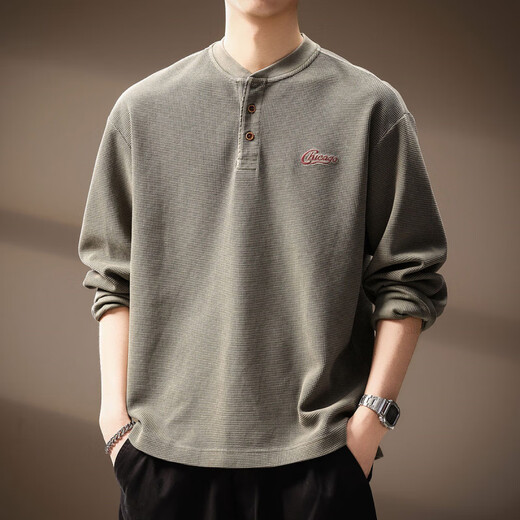 GOLDLION G+Goldlion broken code 2026 high-end American retro waffle sweatshirt men's autumn new trendy brand Henry collar loose grass green M suitable for 100-120Jin Jin equals 0.5 kg