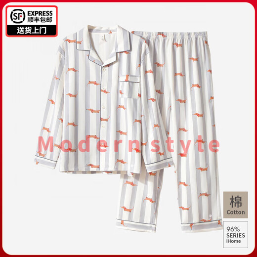 FENTENGG couple pajamas women's spring and autumn pure cotton anti-mite 2024 new dachshund fashion men's long-sleeved suit men's cloud gray XL