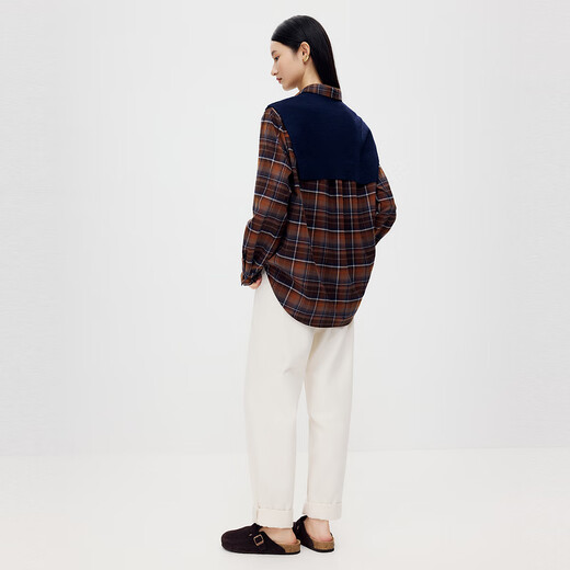 Shuiyunjian Women's Clothing Commuting Fashion Dark Coffee Check Pattern Loose Long-Sleeved Shirt with Shawl 2025 Autumn New Style Dark Coffee Check S