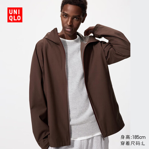 UNIQLO Men's BLOCKTECH Hooded Jacket 3D CUT Outdoor Functional Windproof and Breathable 478229 39 Brown Black XL