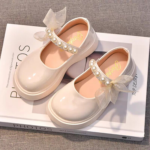 NAOISKEY Girls' Leather Shoes British Style Children's Performance Shoes 2025 Spring and Autumn New Children's Shoes Lolita Princess Shoes Off-White 28 Inner Length Approximately 17.3cm