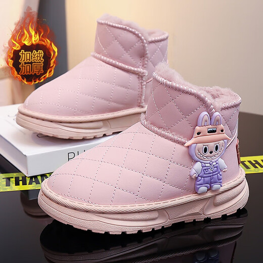 Labubu girls' cotton shoes plus velvet to keep warm 2025 new winter children's black snow boots girls' big children's winter boots pink 28
