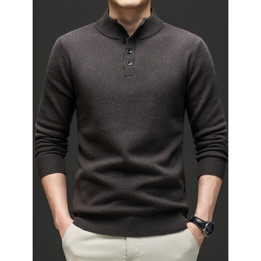 SEMALAM2025 autumn and winter new style wool thickened Henry collar button solid color pure wool warm simple men's knitted sweater brown M