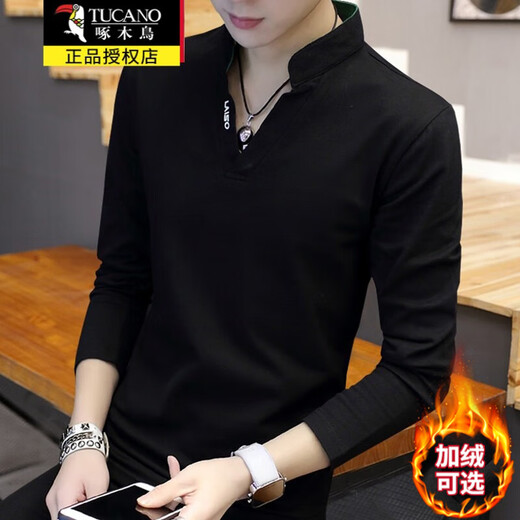 Woodpecker long-sleeved T-shirt men's autumn and winter stand-up collar slim fit velvet warm top printed versatile bottoming shirt men's black XL