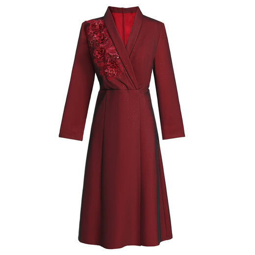 2025 Autumn New Mother's Dress Suit Collar Embroidered Wedding Banquet Mother-in-Law Dress Burgundy 2XL