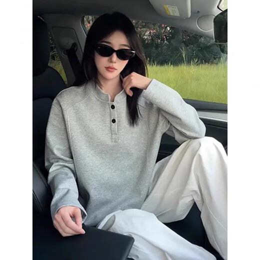 Capti Spring and Autumn Henry Collar Right Shoulder Splicing Long Sleeve T-Shirt Men's American Heavy Sweater Couple Cleanfit Bottoming Shirt Gray Regular M