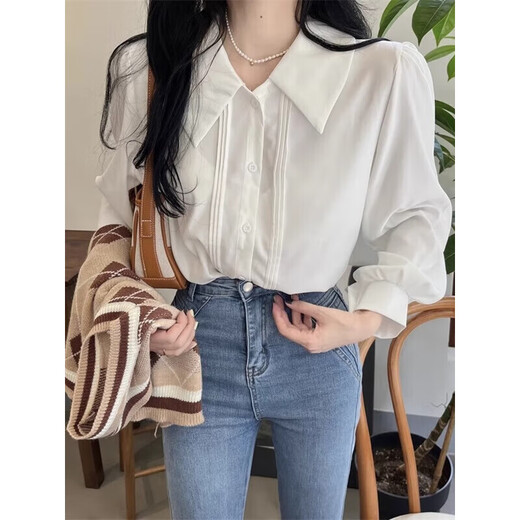 Jiangong high-end white shirt for women in spring and autumn with design niche polo collar long-sleeved shirt layered vest top white (white fabric slightly see-through) M (90-105Jin Jin equals 0.5 kg)