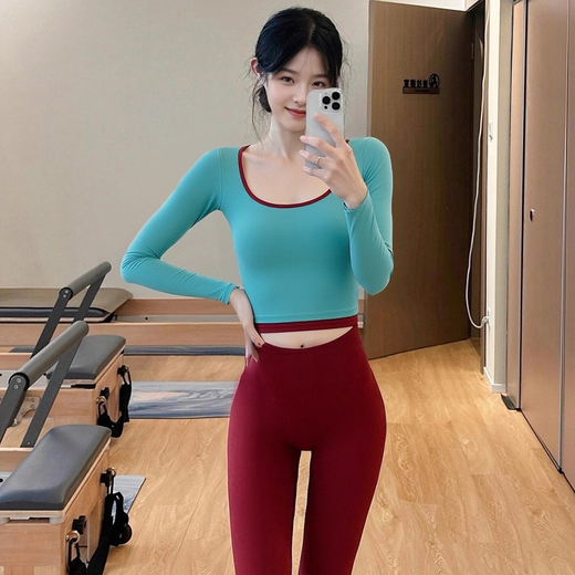 Shuangxiu beautiful Pilates training clothes 2025 new autumn and winter fitness long-sleeved tops super nice yoga clothes suit for women water red top + mocha pants suit XL 125-135
