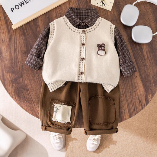 Min Sheng Boys Autumn and Winter Three-piece Suit Shirt Overalls Sweater Vest Fashionable Baby Clothes Birthday Gift 90 Height 75-85cm/Weight 20-25Jin Jin is equal to 0.5kg Usually shot according to height + 10