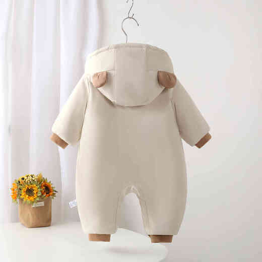Cotton clothing, infant and toddler one-piece quilted and thickened rompers, winter double-zipper romper, newborn outing rompers, khaki 80cm, 7-11 months