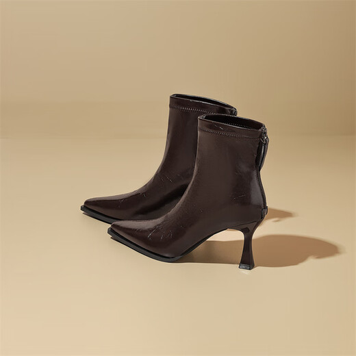 Daphne high-heeled short boots for women with thin heel and temperament autumn single boots 2025 new versatile European and American style ankle boots for women brown 38 (240mm) standard size
