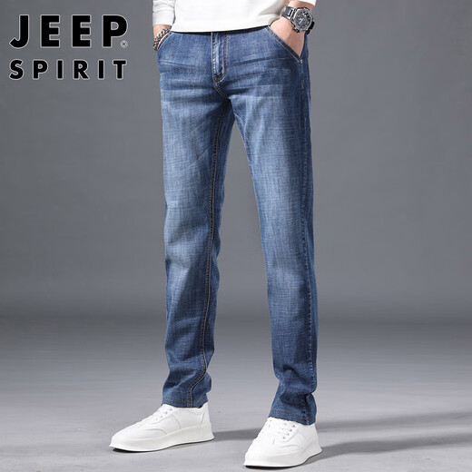 JEEP SPIRIT Jeep jeans men's loose autumn and winter men's straight pants micro-elastic casual pants matte white blue 33
