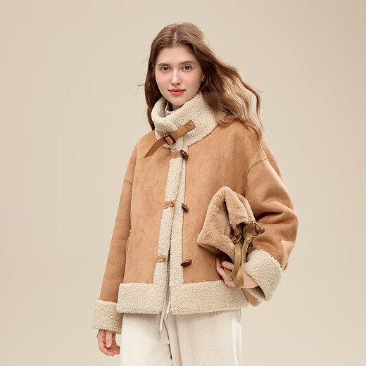 Betu Women's 2025 Winter New Short Jacket Gentle Temperament Environmentally Friendly Suede Particle Jacket Women 2511T32 Camel Color XS