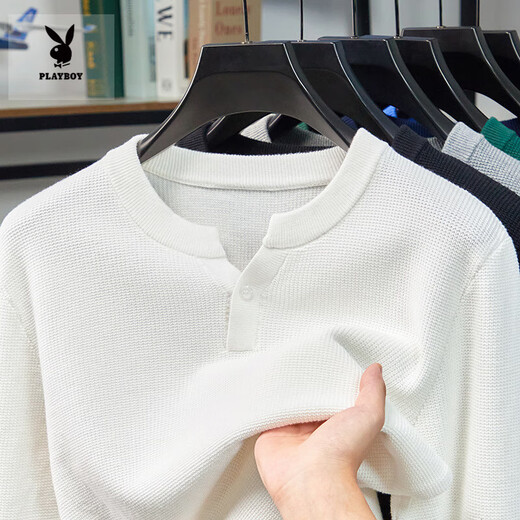 Playboy (PLAYBOY) pure cotton Henry collar long-sleeved sweater men's spring and autumn new casual simple solid color V-neck bottoming shirt white M 165 ((recommended 100-120)