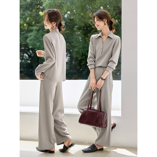 Mohan Yimei urban rights travel style suit 2025 autumn new old money style lapel shirt wide leg pants two-piece set