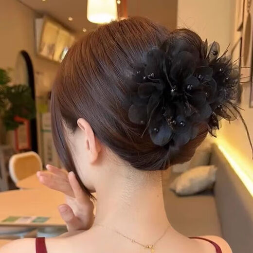 Feather grabber women's hairpin 2025 new high-end hairpin hair head flower headband hair accessories shark clip flower bead black hairpin 1 hairpin diameter 11 cm