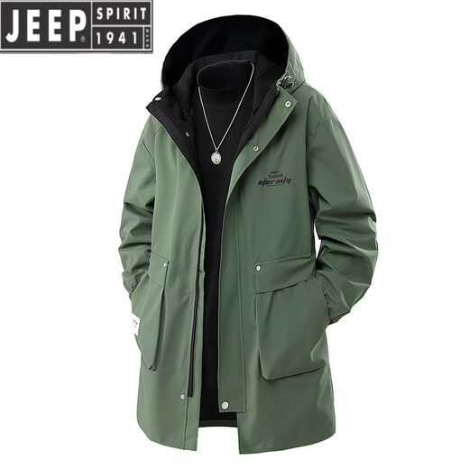 JEEP SPIRIT秋冬加绒中长款风衣外套男2025冬季连帽棉衣加厚保暖大码夹克工装 黑色 加绒 2XL