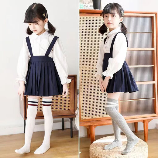 Children's over-the-knee stockings spring and autumn thin pure cotton girls' mid-high student socks baby pile socks children's socks black 1 pair 3-5 years old (S)