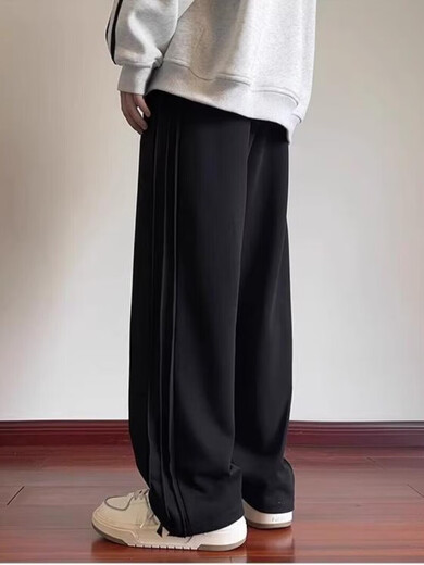 Heilan House (HLA) summer thin loose sports pants for men spring and autumn American retro solid color plus velvet youth drape casual pants trendy black plus velvet M