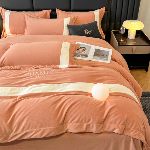French style baby velvet bed four-piece set winter thickened double-sided baby velvet bed sheet quilt cover winter new product Mansha-Emma Orange bed sheet 1.5m quilt cover 200*230
