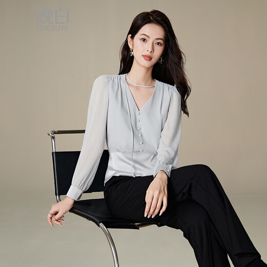 Late White New Product 2025 Autumn V-neck Temperament Top Fashionable Versatile Slim Commuting Shirt for Women Silver Gray M