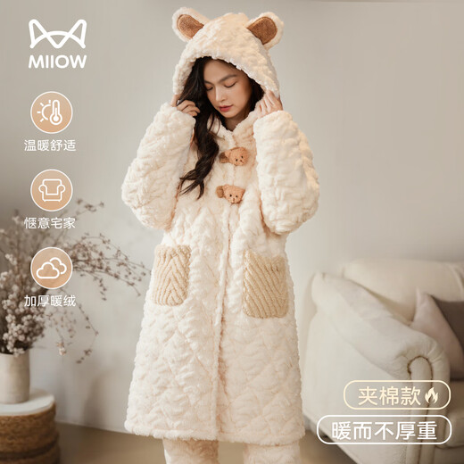 猫人女士睡衣女秋冬季三层夹棉珊瑚绒睡袍加绒加厚高端家居服2025新品