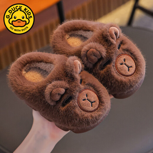 G.duck Capibala winter children's cotton slippers for boys and girls, warm plus velvet, medium and large children's parent-child baby bag heel cotton shoes, light coffee slippers, size 28 29 (shoe length 17CM suitable for feet 16CM)