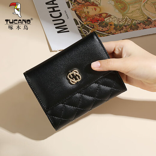Woodpecker genuine leather wallet for women 2025 new card holder cowhide rhombus stitching small coin purse short style multiple card slots black