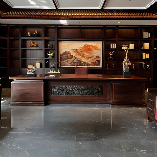 Black gold solid wood boss desk executive desk new Chinese style office desk background cabinet combination high-end chairman room furniture 2.0 meter executive desk (200*102*760cm) Gabon black gold wood